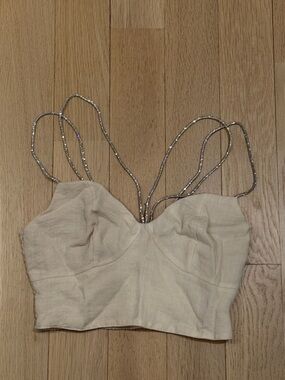 Women’s Cream Linen-Look Crop Tank with crystallized Straps
